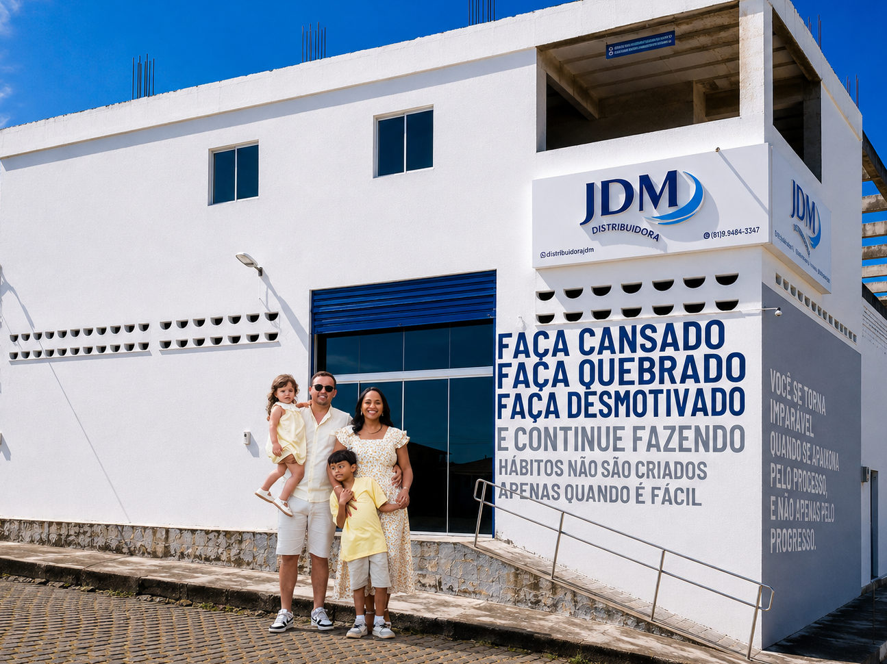 Equipe da JDM Distribuidora reunida em frente ao letreiro da loja